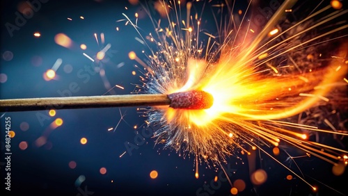 Macro shot of a match being lit with sparks flying everywhere, lighter, flame, ignite, strike, ignition photo