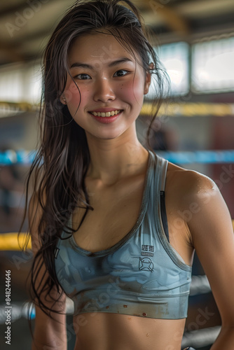 Asian female athlete looking at camera with confidence in boxing camp. Free Download Asian female athlete looking at camera with confidence in boxing camp. - GFXLoad