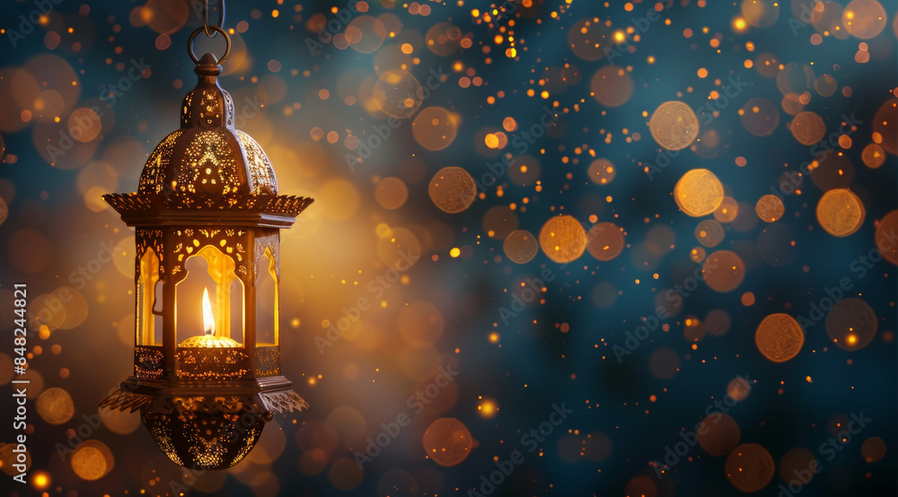 An ornate lantern lit up casting warm light with a beautiful bokeh effect in the backdrop An ornate lantern lit up casting warm light with a beautiful bokeh effect in the backdrop