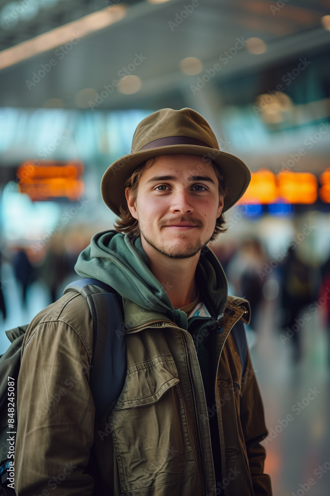 Caucasian male tourist walking in the airport terminal. Caucasian male tourist walking in the airport terminal.