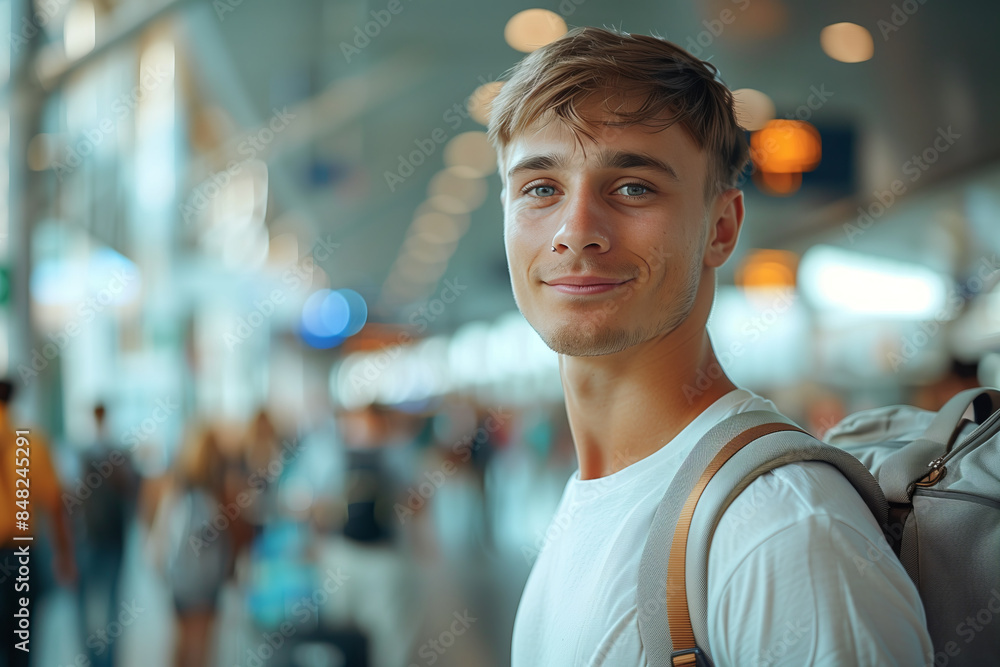 Fototapeta premium Caucasian male tourist walking in the airport terminal.