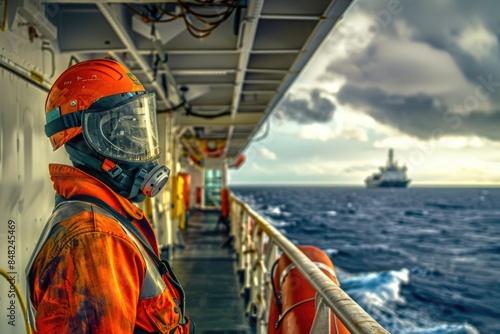 Deck Officer in PPE on offshore vessel with ship background. photo