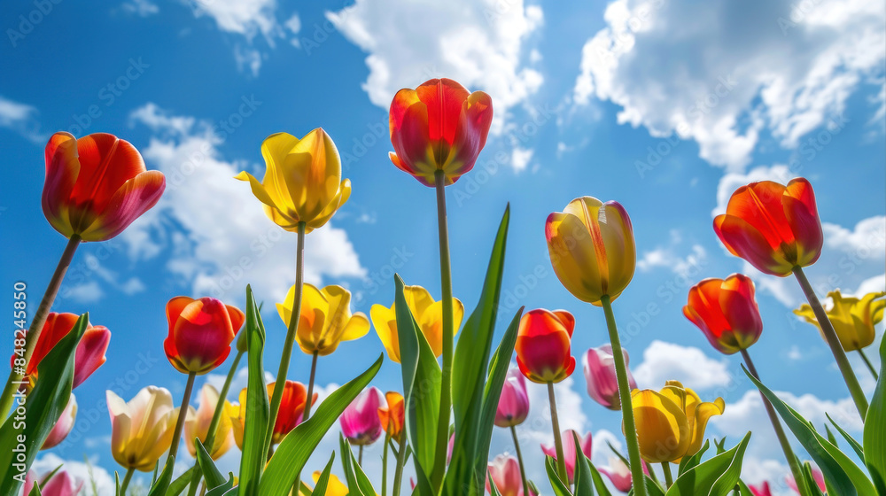 Vibrant tulip garden under a bright spring sky with fluffy clouds Vibrant tulip garden under a bright spring sky with fluffy clouds