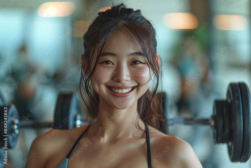 Fototapeta premium Asian woman exercising with dumbbells in the gym.