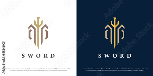 Vintage sword logo design illustration. Medieval sword silhouette ancient guild history kingdom king. Simple minimal minimalist vintage elegant classic abstract icon symbol.