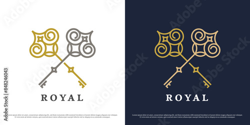 Royal key logo design illustration. Silhouette of key to royal treasure gothic victorian majestic capital monarch. Simple flat icon symbol minimal minimalist decorative elegant luxury.