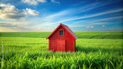 Red wooden house standing out in a vibrant green field, red, wooden, house, vibrant, green, field, countryside, rustic © wasan