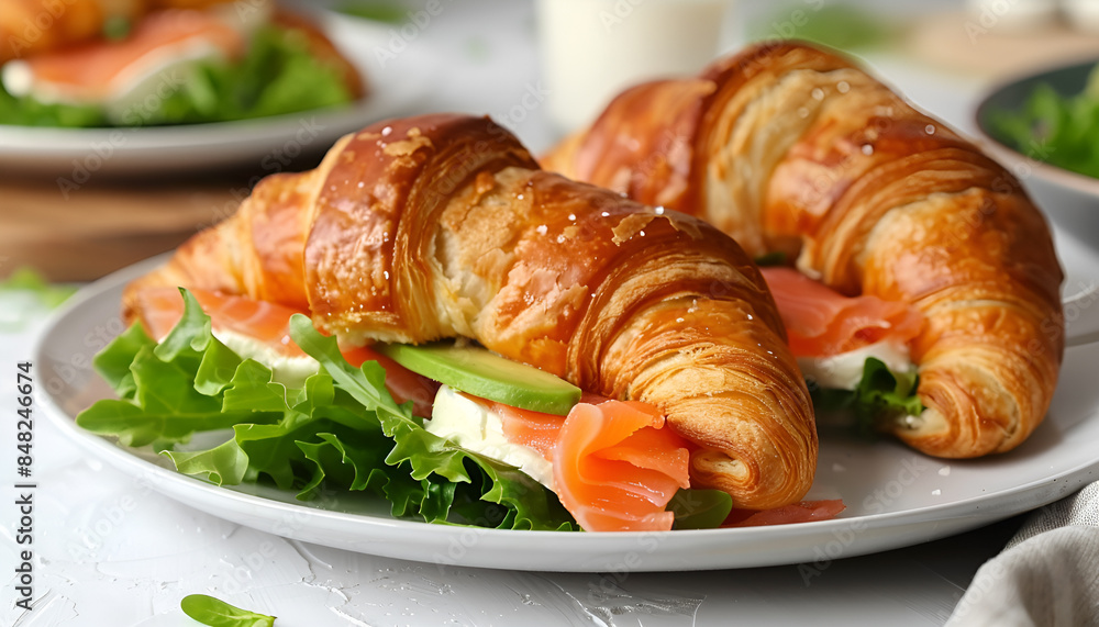 Tasty croissant with salmon, avocado, mozzarella and lettuce on white table, closeup Tasty croissant with salmon, avocado, mozzarella and lettuce on white table, closeup