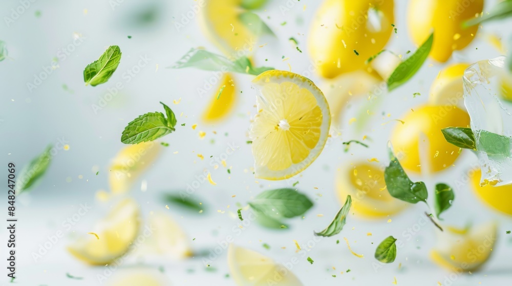 Fresh lemons and mint leaves in water splash on bright background Fresh lemons and mint leaves in water splash on bright background