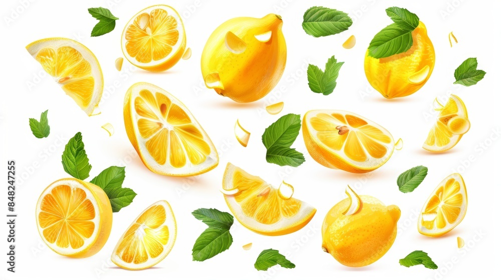Fresh lemon slices with green leaves on a white background Fresh lemon slices with green leaves on a white background