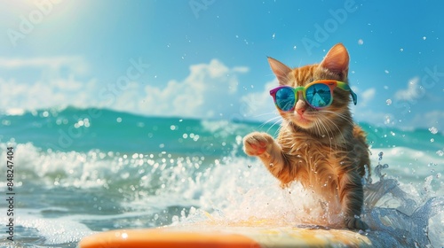 A cat surfing with high tide with water splashes