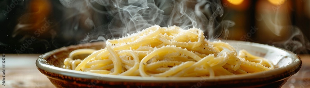 Hot linguine pasta in a rustic bowl, with Alfredo sauce being added and steam rising 8K , high-resolution, ultra HD,up32K HD Hot linguine pasta in a rustic bowl, with Alfredo sauce being added and steam rising 8K , high-resolution, ultra HD,up32K HD