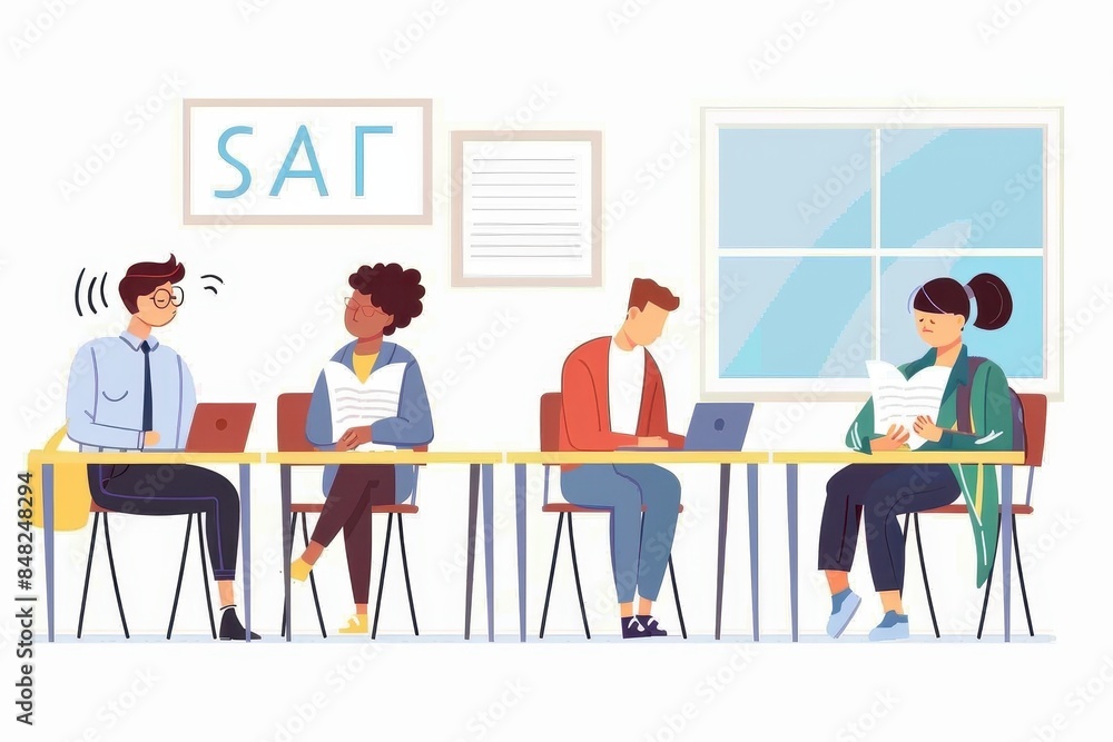 A vibrant flat-style illustration showing a group of students preparing for an exam with laptops and books A vibrant flat-style illustration showing a group of students preparing for an exam with laptops and books