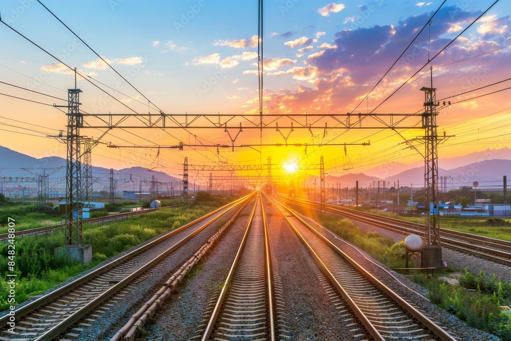 Captivating view of a vibrant sunset glow reflecting beautifully on the railway tracks Captivating view of a vibrant sunset glow reflecting beautifully on the railway tracks