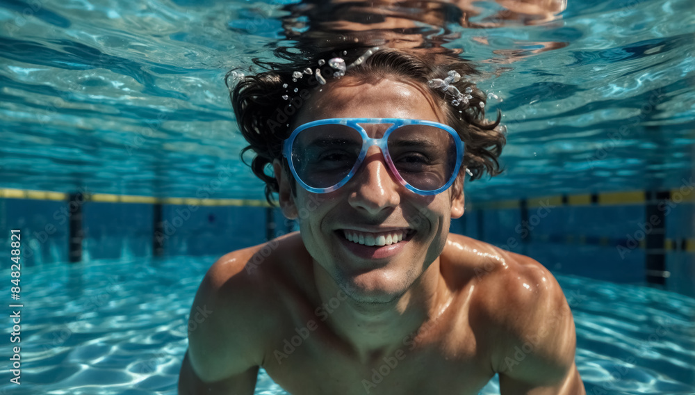 Fototapeta premium Photo of a young guy swimming in a pool with clear blue water