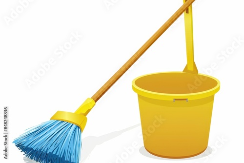 A bright yellow cleaning bucket with a sturdy blue broom depicted in a simple and clean illustration