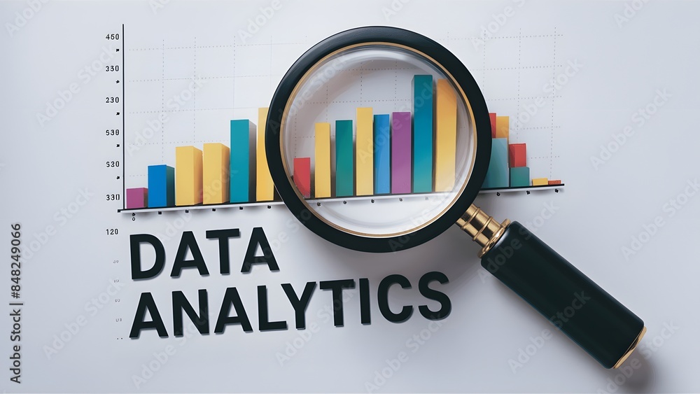The magnifying glass is positioned above the bar graph, emphasizing a closer look at the data. The word 'DATA ANALYTICS' is written below the magnifying glass, indicating the theme The magnifying glass is positioned above the bar graph, emphasizing a closer look at the data. The word 'DATA ANALYTICS' is written below the magnifying glass, indicating the theme