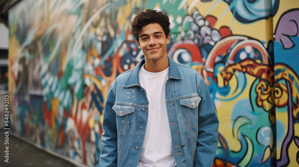 Fototapeta premium Classic Blue Denim Jacket Against Graffiti Wall