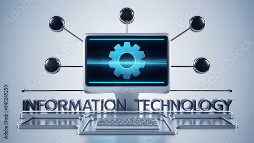 Abovethe monitor, there are three connected dots, possibly representing data or network connections. The words 'INFORMATION TECHNOLOGY' are written below the monitor, emphasizing the theme photo