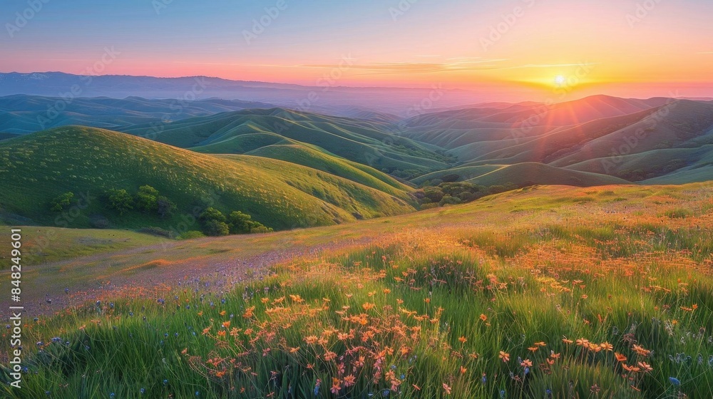 Fototapeta premium A beautiful sunrise over gently rolling hills covered in a blanket of morning mist The sky transitions from deep blue to soft pink and orange as the sun rises Wildflowers dot the g