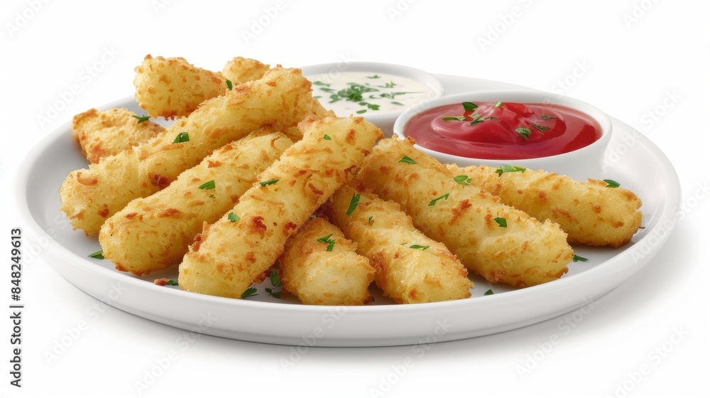 Delicious crispy mozzarella sticks with dipping sauces isolated on white Delicious crispy mozzarella sticks with dipping sauces isolated on white