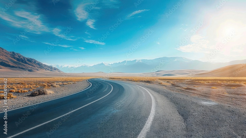 Empty asphalt road, winding through vast desert, clear blue sky, wideangle shot, bright sunlight, crisp details
