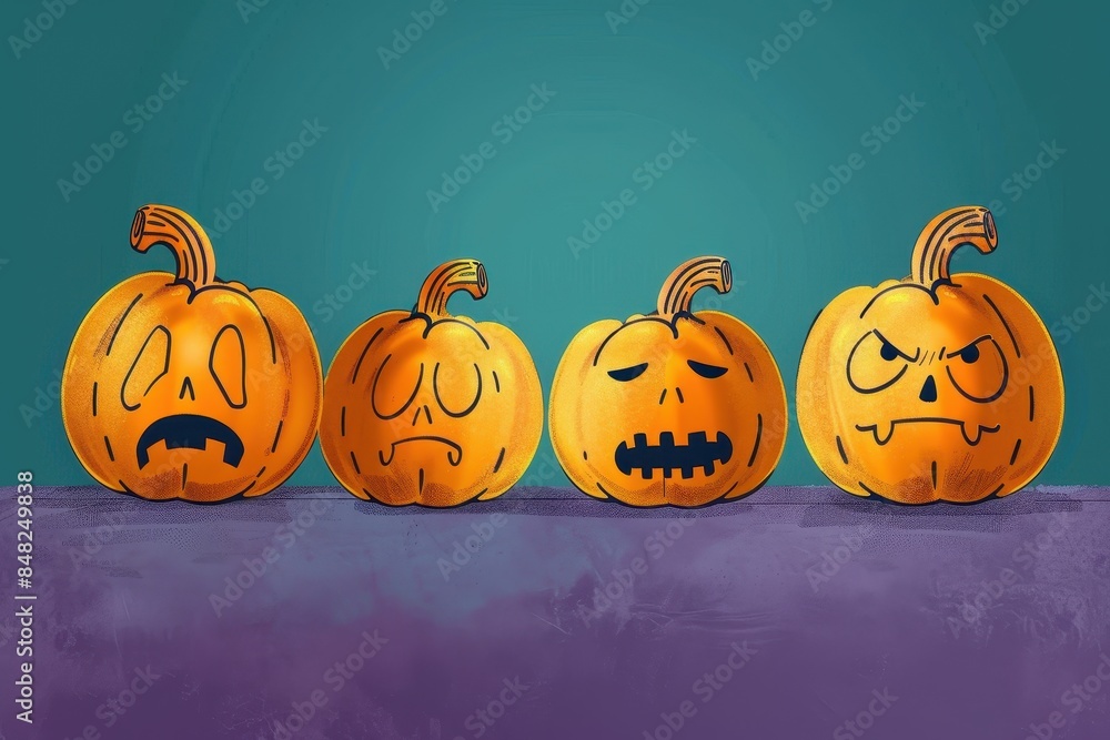 A line of cartoon-styled pumpkins with varying expressions against a teal background A line of cartoon-styled pumpkins with varying expressions against a teal background