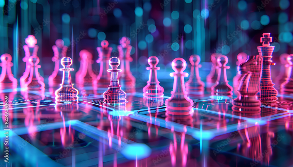 Chess pieces on board in neon lights. Circuit board pattern and binary code symbolizing artificial intelligence Chess pieces on board in neon lights. Circuit board pattern and binary code symbolizing artificial intelligence