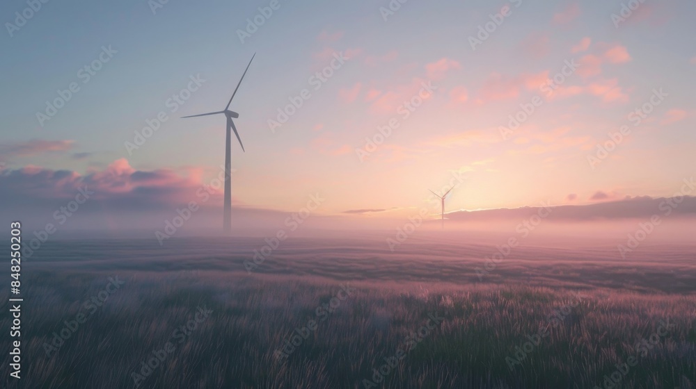 Obraz premium Wind turbines in misty landscape at sunrise. Energy in harmony with nature. Capture of a tranquil morning with renewable energy symbols