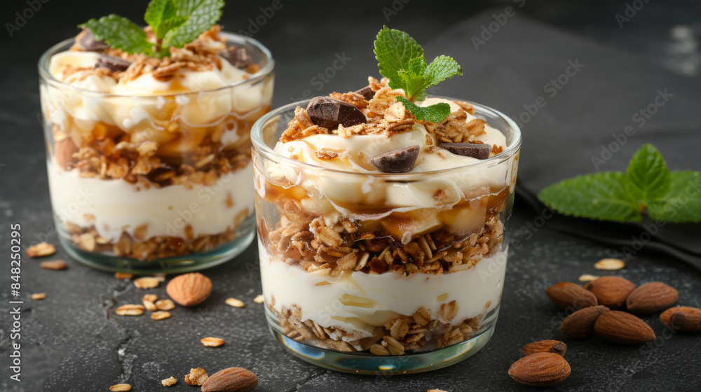 Decadent caramel almond parfait desserts in glasses Decadent caramel almond parfait desserts in glasses