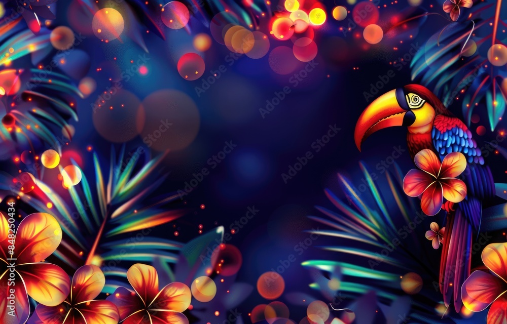 Tropical plants, flowers and parrot birds in neon fluorescent colors. Tropical plants, flowers and parrot birds in neon fluorescent colors.