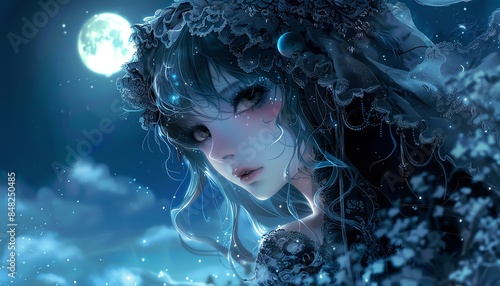Gorgeous anime girl in a gothic outfit, moonlit night, intricate details, midangle