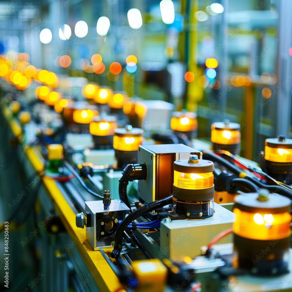 Fototapeta premium Close up of electric vehicle battery cell mass production assembly line for efficient manufacturing