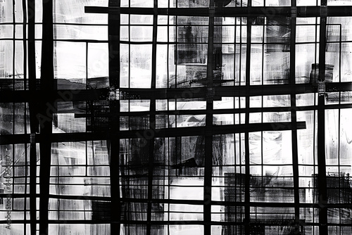 Complex black and white abstract grid pattern with intersecting lines and various shades creating a textured effect
