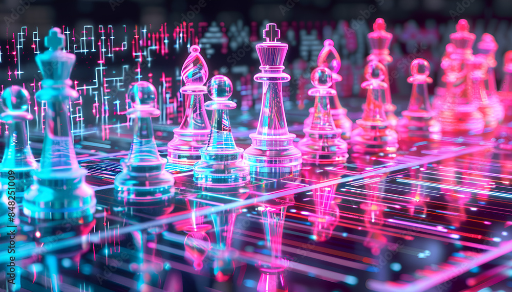 Chess pieces on board in neon lights. Circuit board pattern and binary code symbolizing artificial intelligence Chess pieces on board in neon lights. Circuit board pattern and binary code symbolizing artificial intelligence