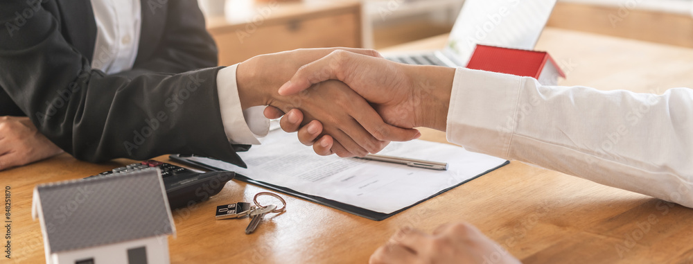 Obraz premium Real estate, success deal asian young woman handshake or shaking hand with landlord realtor, client male after buyer man signed rental, lease contract. Banker agreement mortgage loan, property lease.