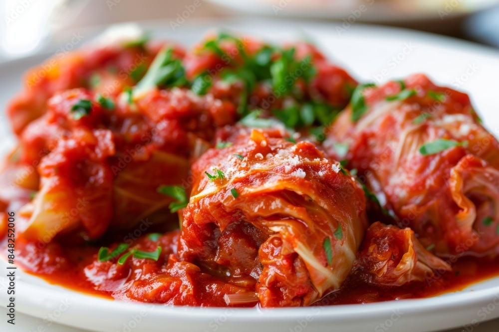 Savory stuffed cabbage rolls in tomato sauce garnished with parsley Savory stuffed cabbage rolls in tomato sauce garnished with parsley