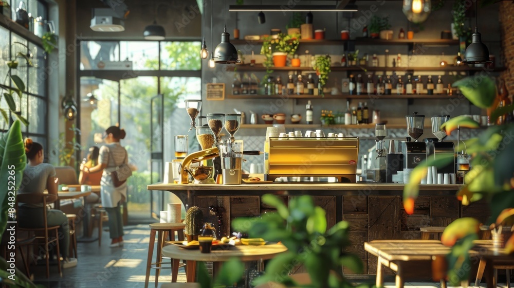 Cozy cafe interior with natural light, plants, and warm atmosphere. Relaxing vibe with customers and barista. Ideal for socializing or working. Cozy cafe interior with natural light, plants, and warm atmosphere. Relaxing vibe with customers and barista. Ideal for socializing or working.