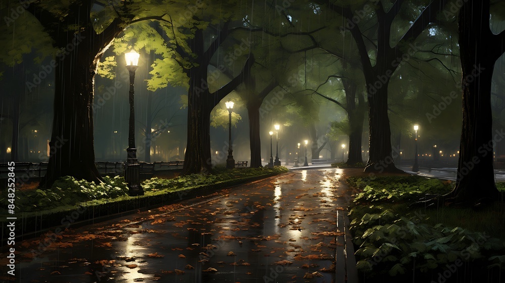 Obraz premium A Rainy Night in the Park: Serene Atmosphere Amidst Drizzling Rain
