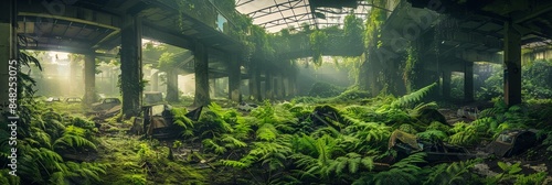 Abandoned factory plant debris with green plants growing. Post apocalypse scene.