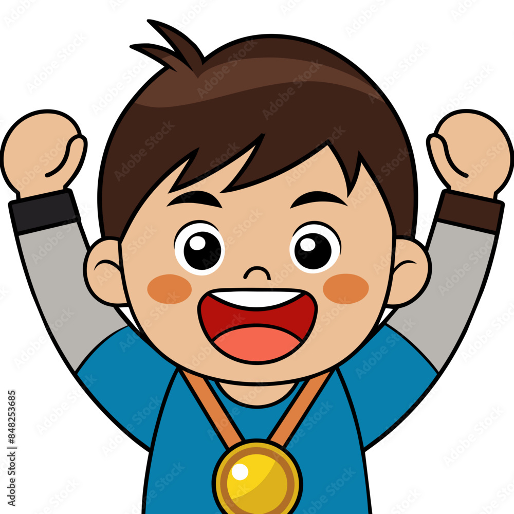 Happy kawaii cartoon boy celebrating a victory or achievement Happy kawaii cartoon boy celebrating a victory or achievement
