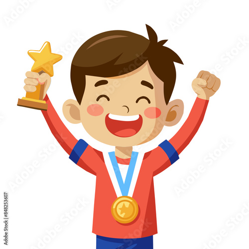 Happy cartoon boy holding a trophy or cup, celebrating a victory or achievement