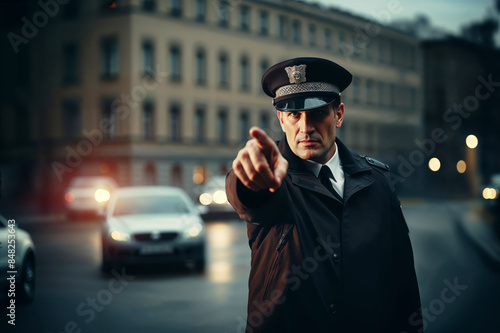 british policeman pointing with the finger in the direction of the camera, street scene photo