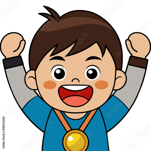 Happy kawaii cartoon boy celebrating a victory or achievement