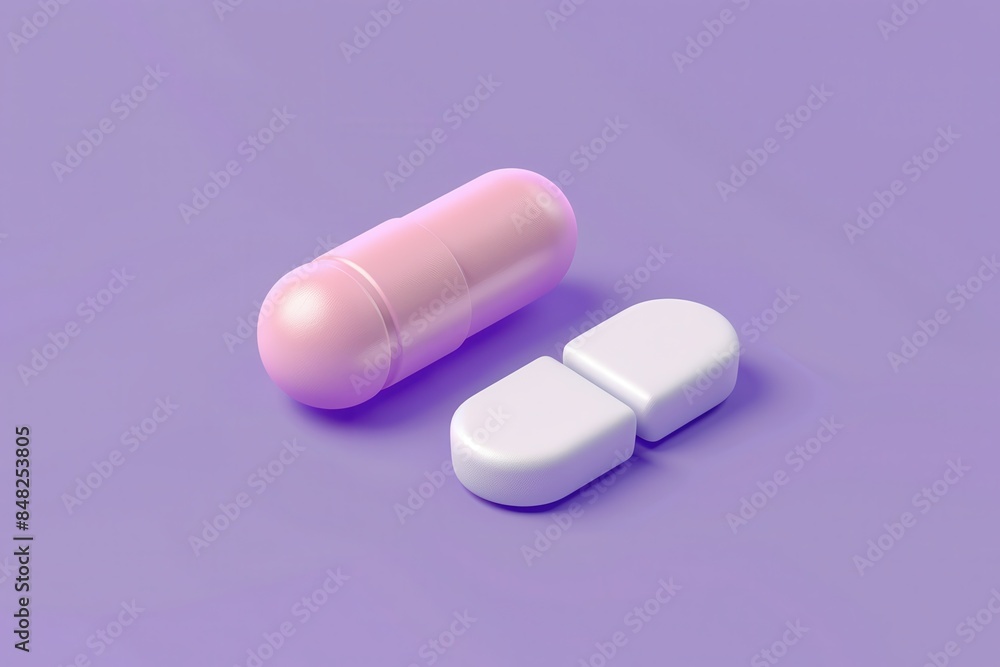 Two medical pills, one capsule and one tablet, are on a lilac background, symbolizing healthcare Two medical pills, one capsule and one tablet, are on a lilac background, symbolizing healthcare