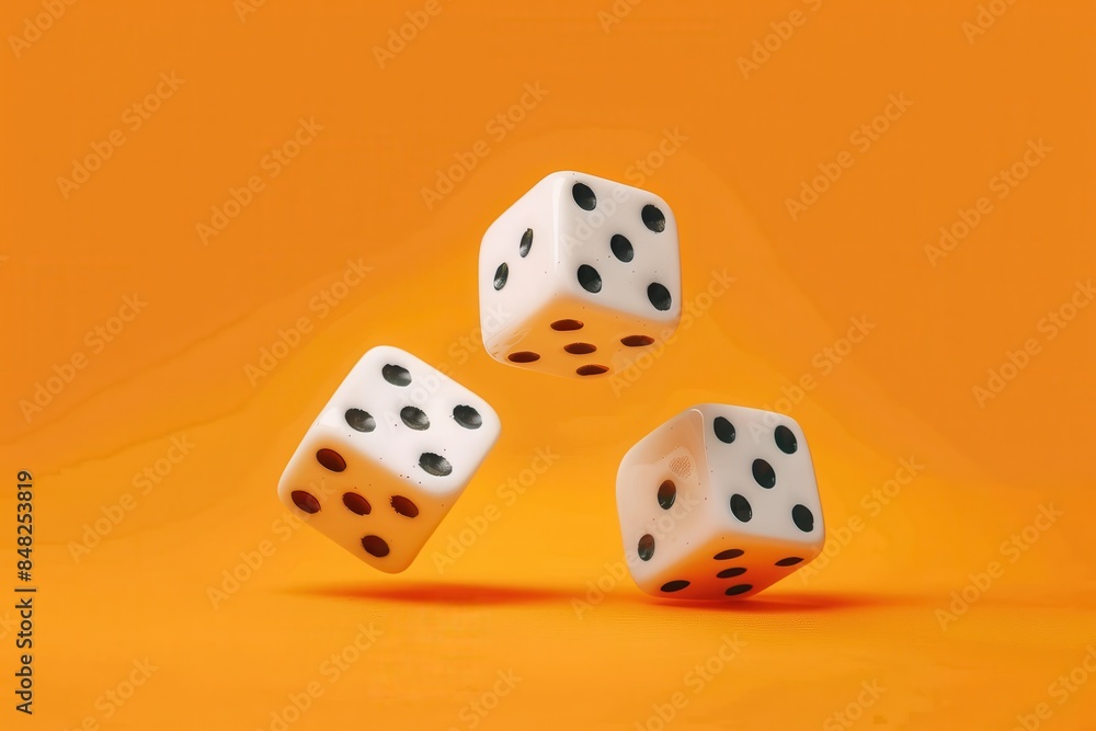 The image features three white dice mid-air with a vibrant orange background, conveying a sense of chance and gaming The image features three white dice mid-air with a vibrant orange background, conveying a sense of chance and gaming