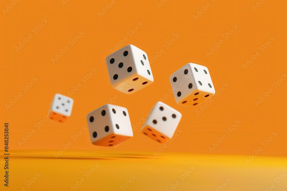 High-resolution image capturing six die frozen in mid-air against a vibrant orange backdrop, concept of chance High-resolution image capturing six die frozen in mid-air against a vibrant orange backdrop, concept of chance