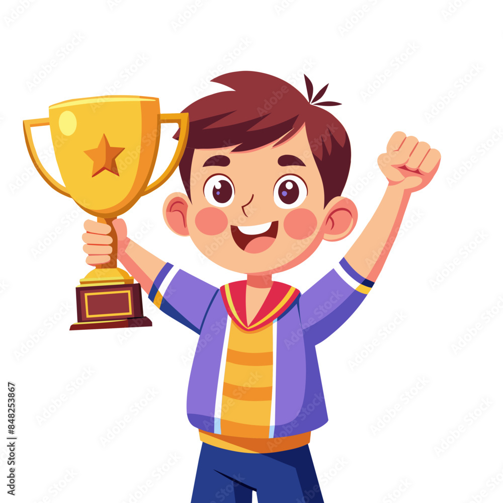 Happy cartoon boy holding a trophy or cup, celebrating a victory or achievement Happy cartoon boy holding a trophy or cup, celebrating a victory or achievement