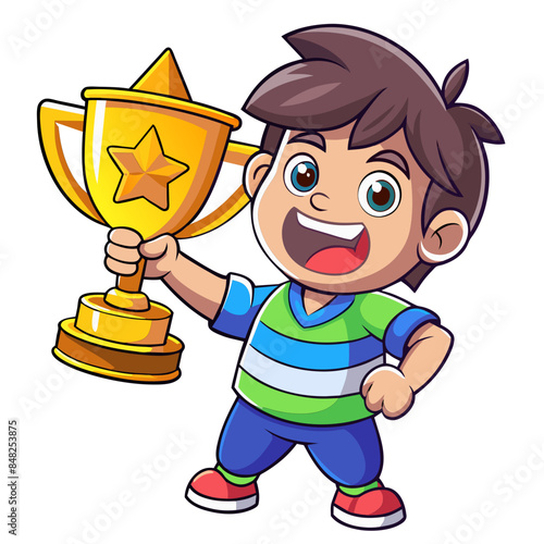 Happy cartoon boy holding a trophy or cup, celebrating a victory or achievement