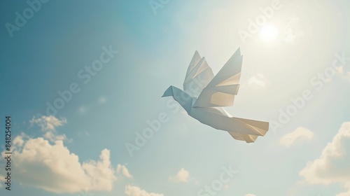 Conceptual photos depict the freedom of a white origami dove or pigeon flying from the water into the sky symbolizing peace human rights love and hope particularly relevant for